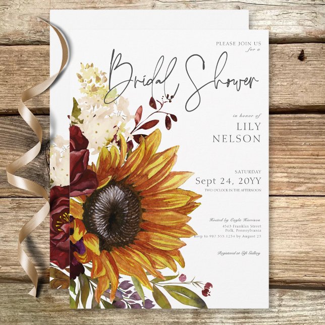 Möhippa för Rustic Solblommor och Burgundy-Blommig Inbjudningar (Rustic Sunflowers & Burgundy Floral Bridal Shower Invitation)