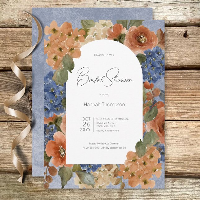 Möhippa för Rustig blå och rostig Blommigt Inbjudningar (Rustic Blue & Rust Floral Bridal Shower Invitation)