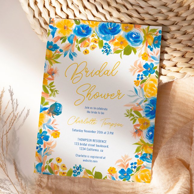 Möhippa för skript av blommor i vilden Bright land Inbjudningar (Bright country wild flowers script bridal shower invitation)