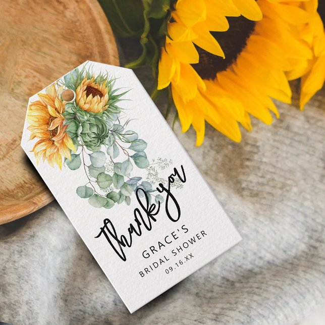 Möhippa för solros Eucalyptus-Tack Presentetikett (Sunflower Eucalyptus Greenery Bridal Shower Favor Gift Tags)
