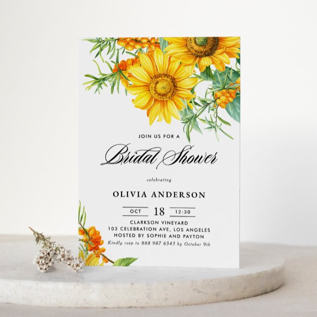 Möhippa för solros och havskräftor QR-kod Inbjudningar (Botanical bridal shower QR code invitation featuring illustrations of sunflower and sea buckthorn.)