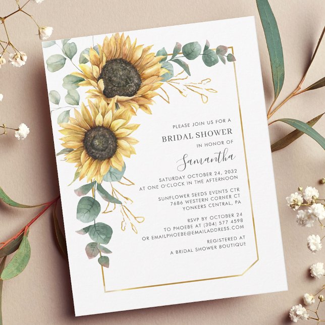 Möhippa för solrosskript för Blommigt Inbjudningar (Floral Sunflower Eucalyptus Script Bridal Shower Invitation)