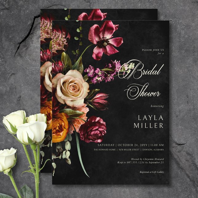 Möhippa för svarthöstBlommigt för Elegant i mörk Inbjudningar (Dark Elegant Black Autumn Floral Bridal Shower Invitation)
