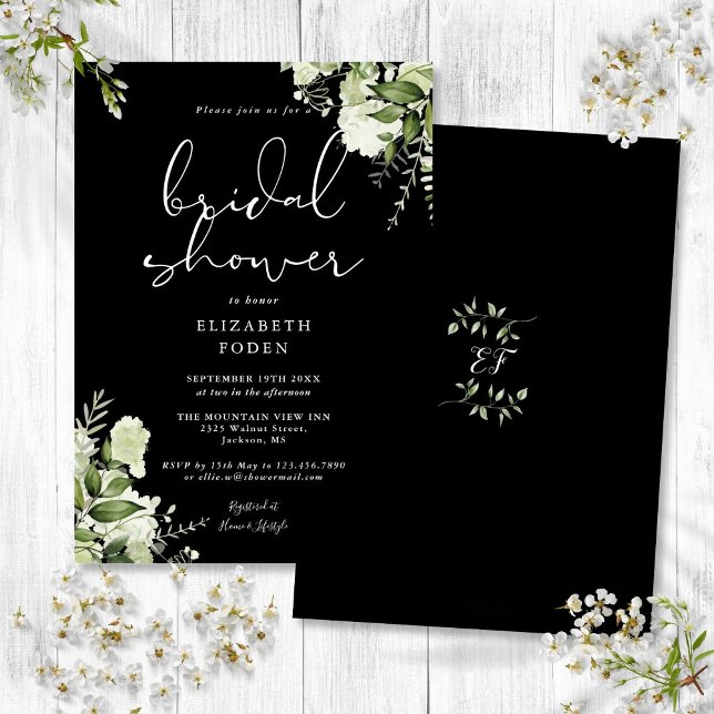 Möhippa för svartvit Blommigt Inbjudningar (Black And White Greenery Floral Bridal Shower Invitation)