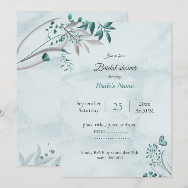 möhippa för tealblåsfjäril löv blommigt inbjudningar (Fram/baksida)