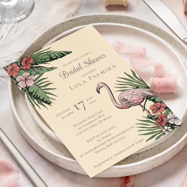 Möhippa för Tropical Blommigt Flamingo Gult Inbjudningar (Elegant Tropical Bridal Shower Design. Hand-Drawn Pink Flamingo, Hibiscus Flowers, Tropical Greenery)
