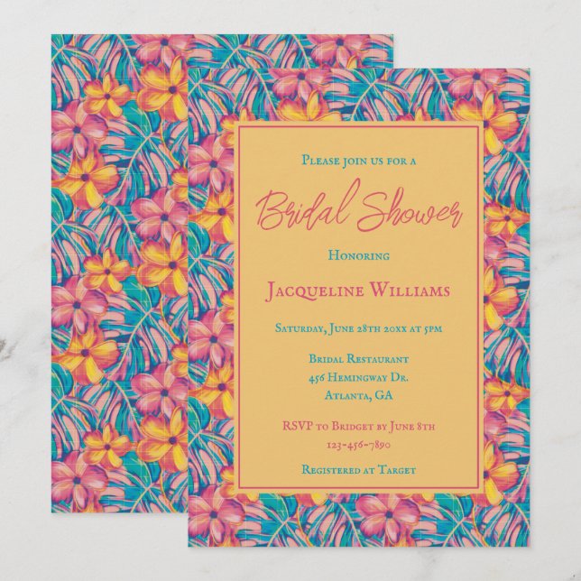 Möhippa för tropisk Rosa och Gult Blommigt Inbjudningar (Fram/baksida)