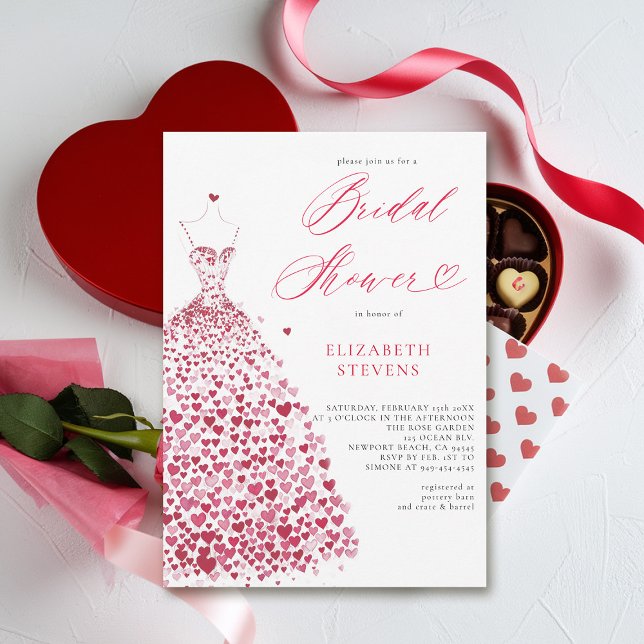 Möhippa för Valentine Hearts Dress Elegant Chic Inbjudningar (valentine bridal shower invitations whimsical hearts watercolor elegant dress modern minimalist chic)