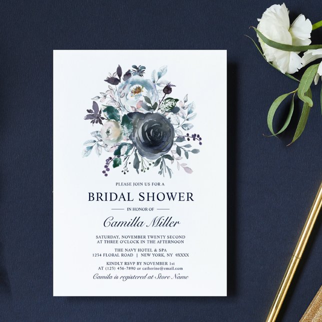 Möhippa för vattenfärg Dusty Blue Navy Blommigt Inbjudningar (Watercolor Dusty Blue Navy Floral Bridal Shower Invitation)
