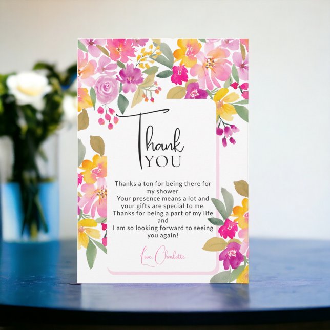 Möhippa för vattenfärg i blommigt av Garden-ljus Tack Kort (Garden bright floral watercolor bridal shower thank you card)