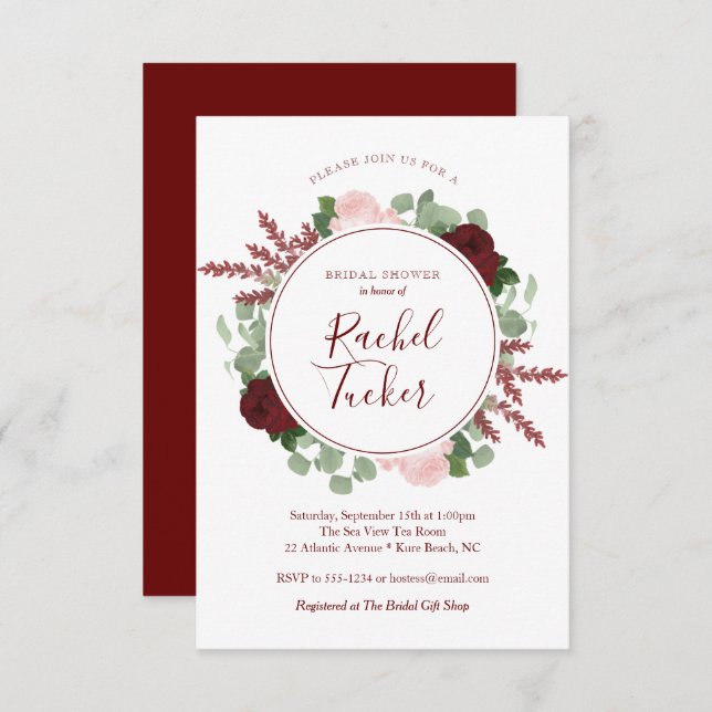 Möhippa för vattenfärgBurgundy blommigt Inbjudningar (Fram/baksida)