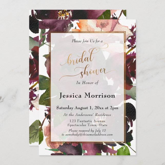 Möhippa för vattenfärgen guld & Burgundy Blommigt Inbjudningar (Fram/baksida)