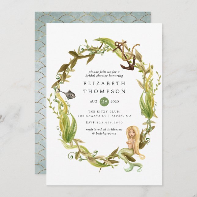 Möhippa för vattenfärgen Nautical Sjögräs Sjöjungf Inbjudningar (Fram/baksida)