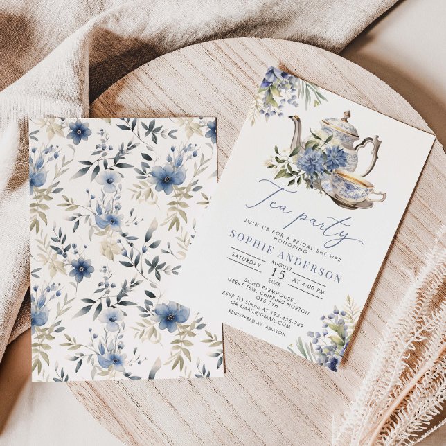 Möhippa för vattenfärgen Tea Party Blue Blommigt W Inbjudningar (Skapare uppladdad)