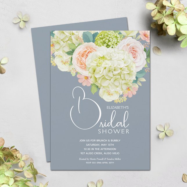 Möhippa för vattenfärgen Vår Blommigt Inbjudningar (Hydrangeas and Roses Dusty Blue Bridal Shower Invitations)