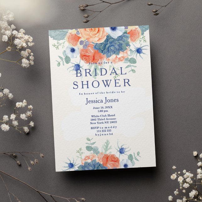 Möhippa för vattenfärgkorall, blå, rustik blommigt inbjudningar (Zazzle Watercolor coral blue rustic floral Bridal Shower Invitation )