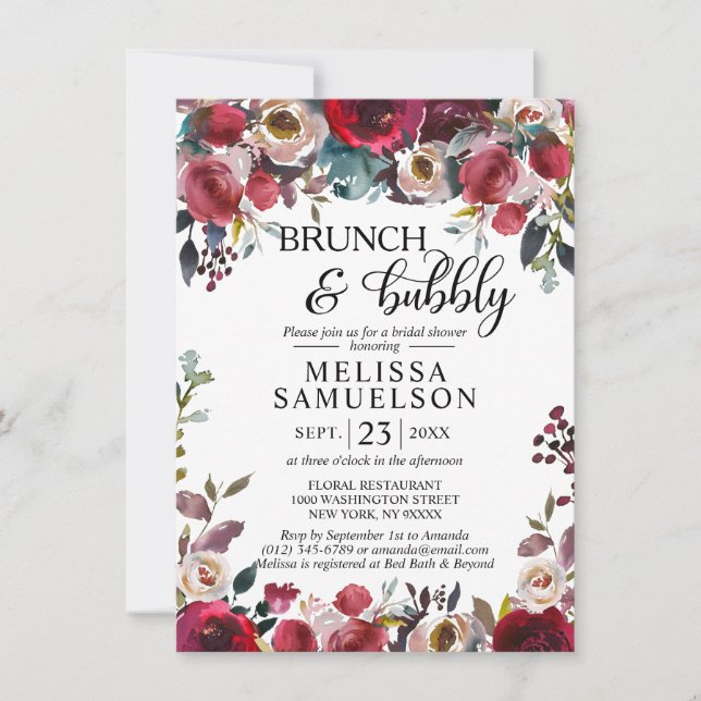 Möhippa för vattenfärgsBlommigt Burgundy Brunch Inbjudningar (Framsida)
