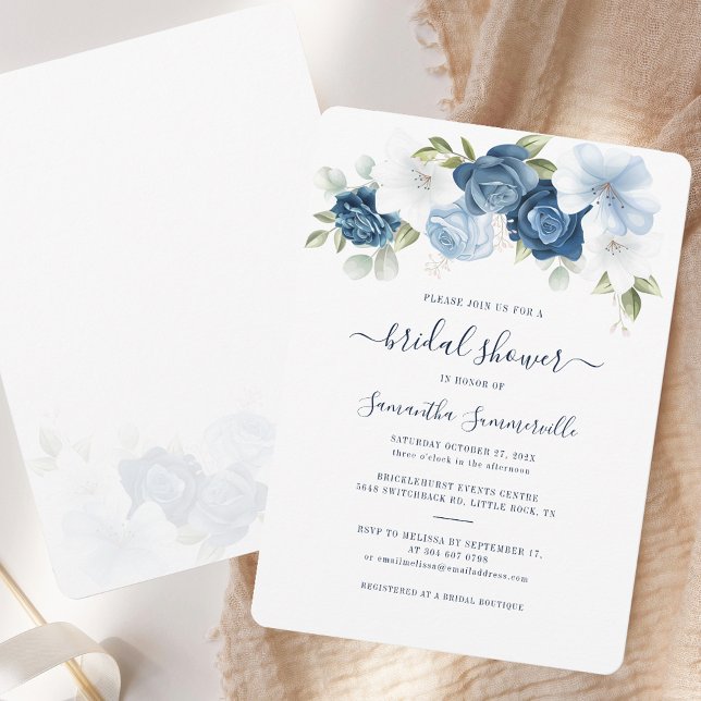 Möhippa för vattenfärgsBlommigt Inbjudningar (Dusty Blue Floral Elegant RC Bridal Shower Invitation)