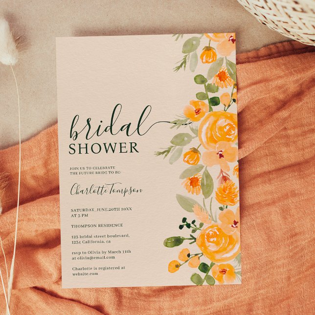 Möhippa för vattenfärgsfall för blommigt av gult inbjudningar (Rustic yellow floral watercolor fall bridal shower invitation on yellow)
