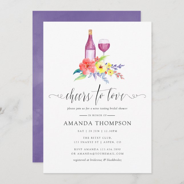 Möhippa för vattenfärgsfärgning, Blommigt, Vin Inbjudningar (Fram/baksida)