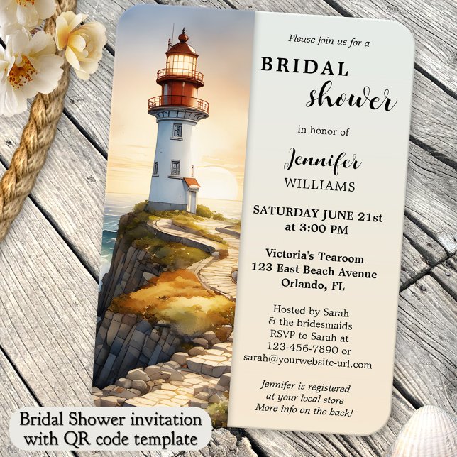 Möhippa för vattenfärgsfyr, kustnära inbjudningar (Coastal bridal shower invitation featuring a watercolor painting of a lighthouse at sunset - QR code)