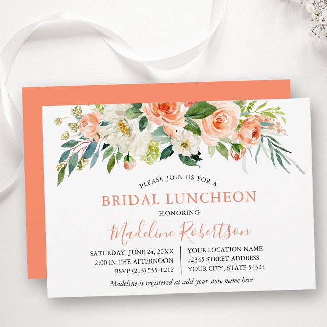 Möhippa för vattenfärgskoral Blommigt Luncheon Inbjudningar (Customize to change text color, text style or color of back of card.)