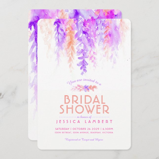 Möhippa för vattenfärgslila orange  inbjudan (Fram/baksida)