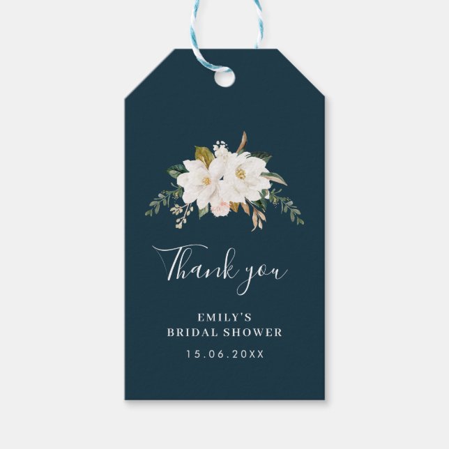 möhippa för vattenfärgsmagnolia blå blommigt presentetikett (Framsidan)