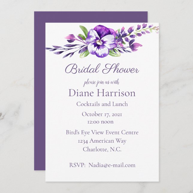 Möhippa för vattenfärgspansy inbjudningar (Fram/baksida)