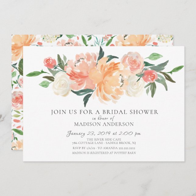 Möhippa för vattenfärgspersika och Cream-Blommigt Inbjudningar (Fram/baksida)