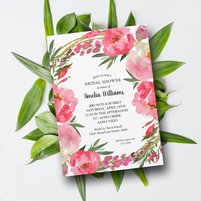 Möhippa för vattenfärgsRosa Blommigt Inbjudningar (Watercolor Pink Floral Bridal Shower Invitations - INSTANT DOWNLOAD and/or PRINTED)