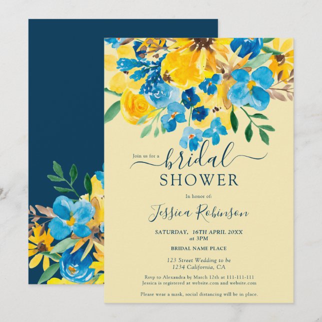 Möhippa för vit blommigt med gult  inbjudningar (Fram/baksida)