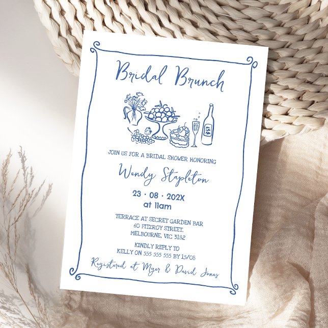 Möhippa för vit Möhippa-Brunch Inbjudningar (Whimsical Blue Bridal Brunch Bridal Shower Invitation, Doodle, Hand Drawn, Bridal Brunch Shower)