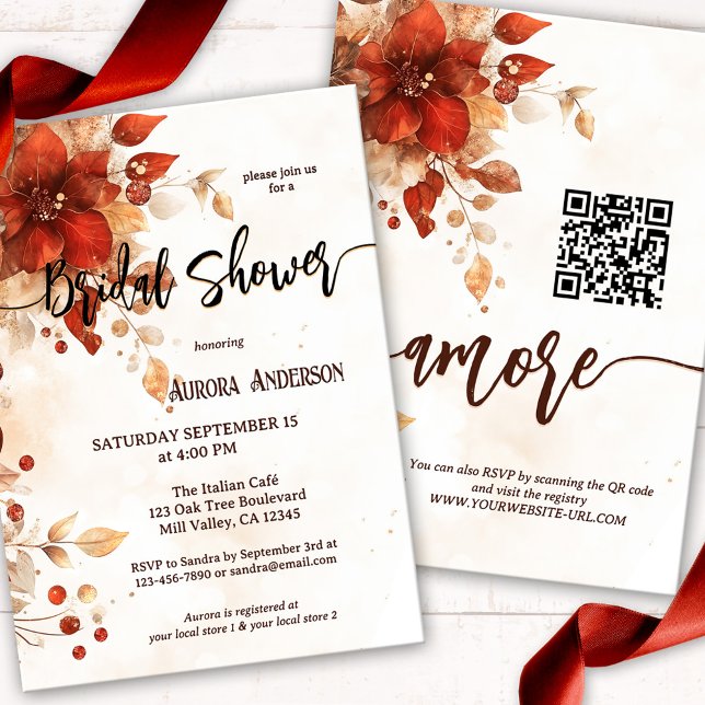 Möhippa för vit vattenfärg i italiensk Blommigt Inbjudningar (Whimsical Italy inspired bridal shower invitation showing red watercolor flowers and script text)