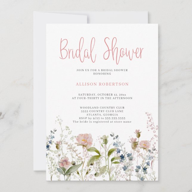 Möhippa för Watercolor Rosa Wildblomme Blommigt  Inbjudningar (Framsida)