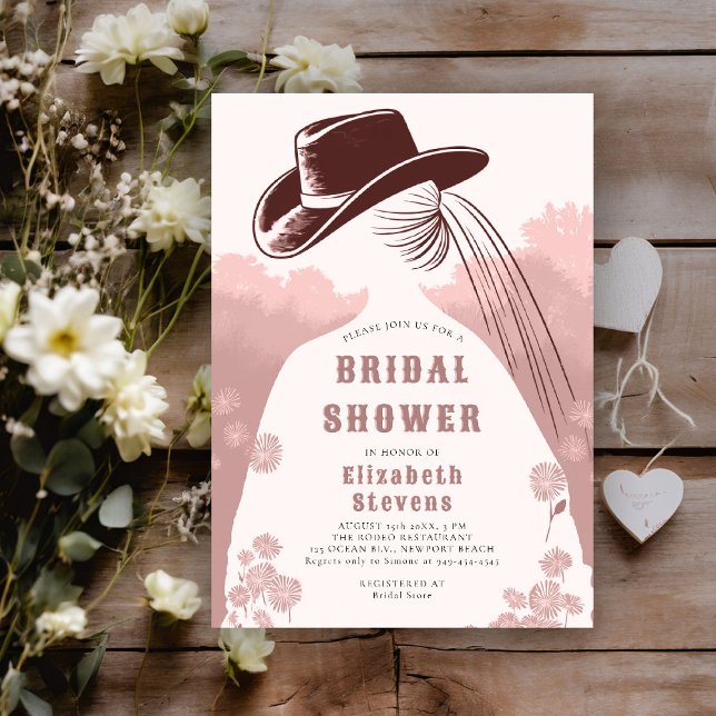 Möhippa för westerna Wildblommor Rustic Rosa Chic Inbjudningar (western bridal shower invitation prairie wildflowers cowgirl cowboy hat dusty pink modern elegant)
