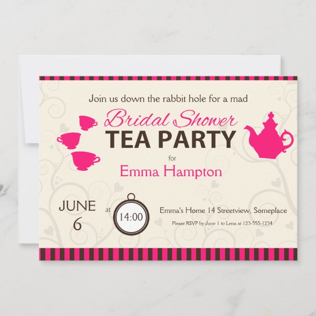 Möhippa galna tea party rosa brun rand inbjudningar (Framsida)