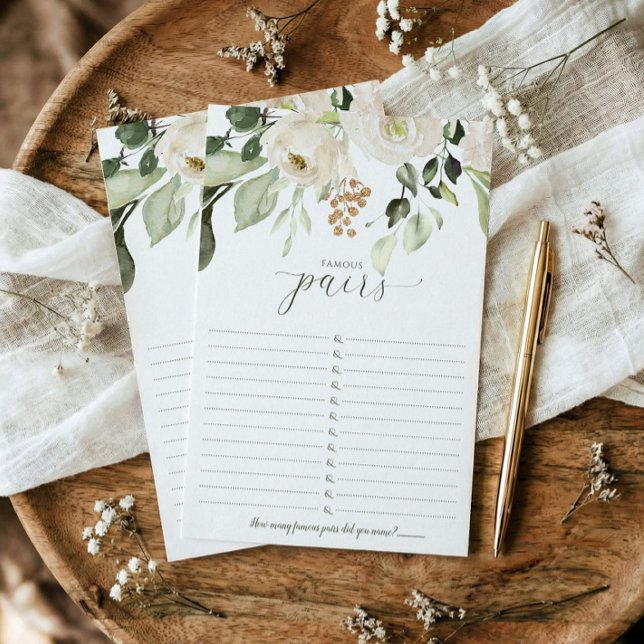 Möhippa Game Berömd Par - Berömd par I (Famous couples printed bridal shower game - elegant white watercolor floral sage greenery)