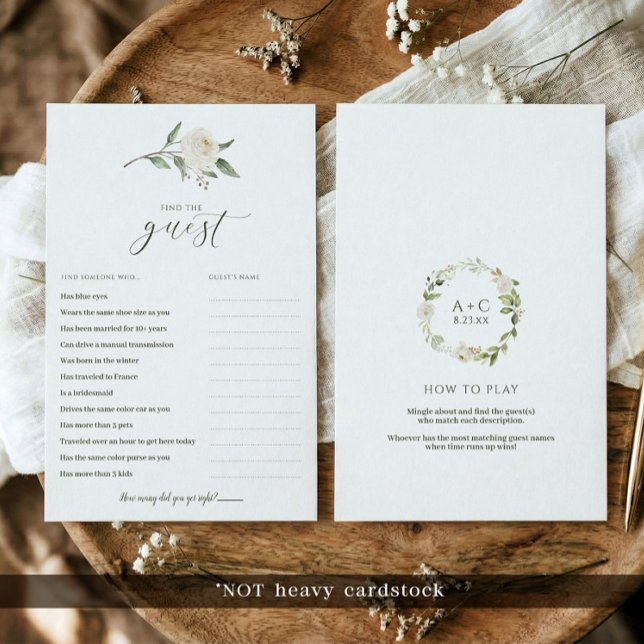 Möhippa Game - Blommigten Hitta gästvit (Printed bridal shower games - find the guest icebreaker game - white floral greenery.)