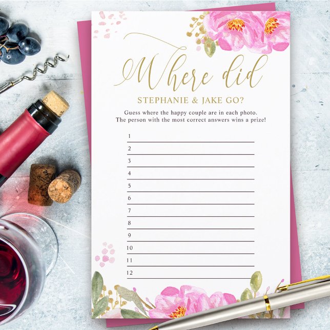 Möhippa Game Rosa Blommigt Vart tog de vägen? (Couples Shower photo game answer card from my Pink and Gold Watercolor Floral Collection)