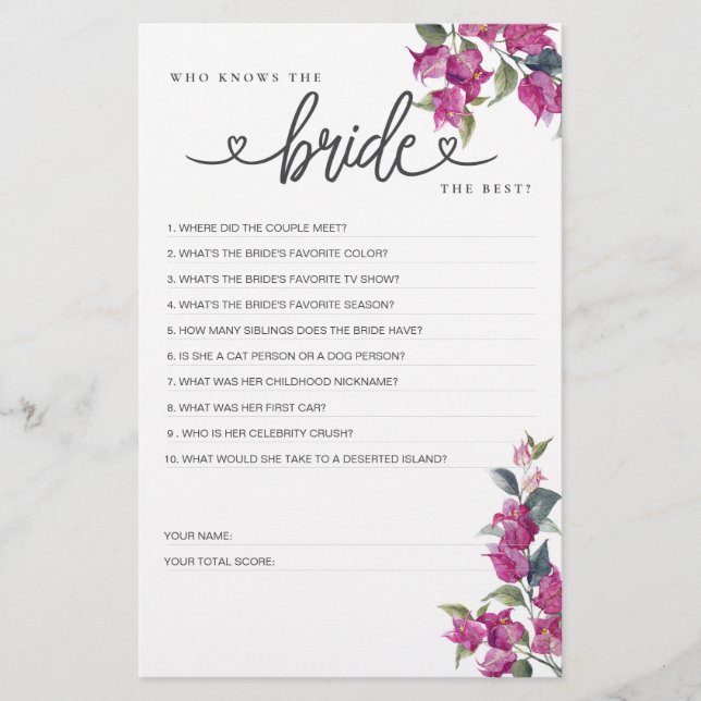 Möhippa Game Vem känner Bride bäst? (Framsida)