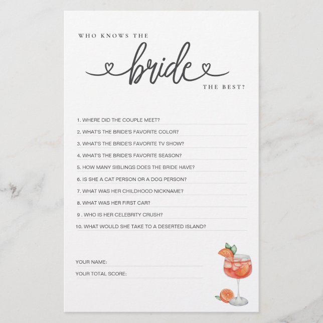 Möhippa Game Vem känner Bride bäst? (Framsida)