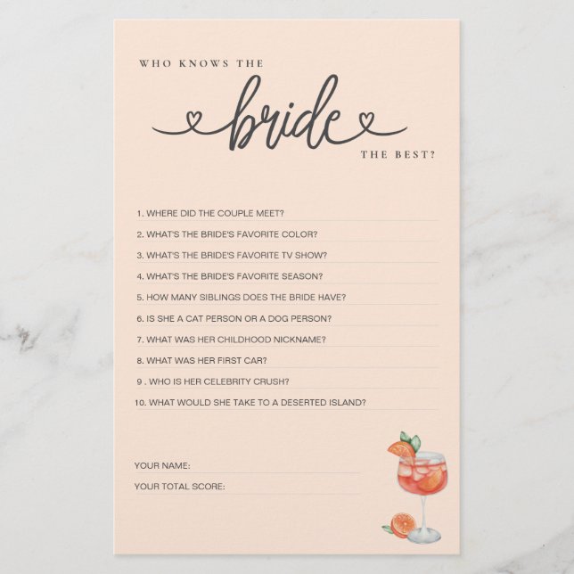 Möhippa Game Vem känner Bride bäst? (Framsida)