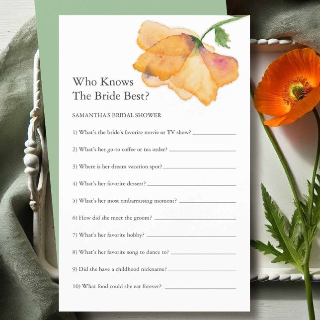 Möhippa Games känner du till Blommigten Bride Flygblad (bridal shower questions game designed with hand painted watercolor orange poppy flowers)