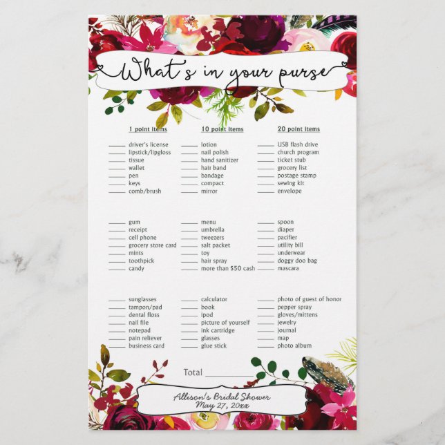 Möhippa Games väska/bingo, burgundisk blommigt (Framsida)