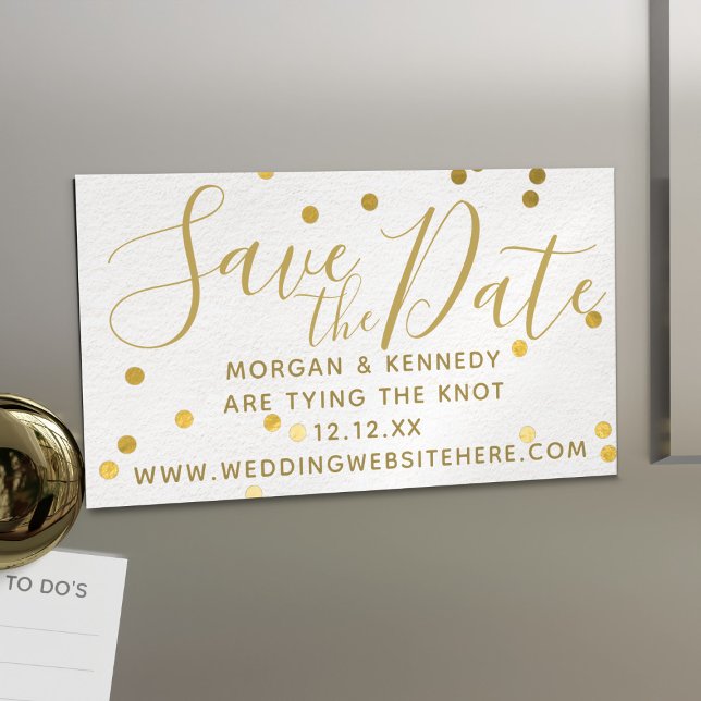 Möhippa  Guld Konfetti Magnetisk Spara datumen Magnetiska Visitkort (Add your Save the Date details to this pretty blush pink and gold business card sized magnets)