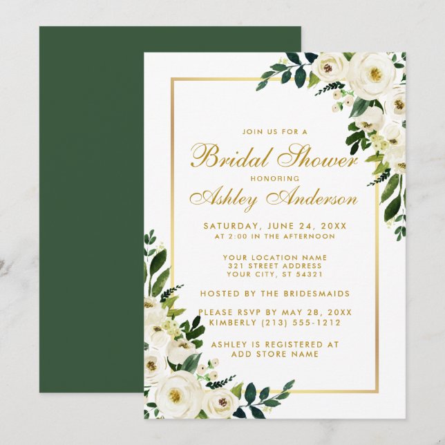 Möhippa Guld Watercolor Grönt Blommigt Inbjudan (Fram/baksida)