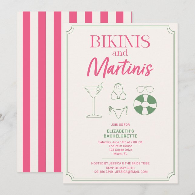 Möhippa-helg med bikinis och martinis inbjudningar (Fram/baksida)