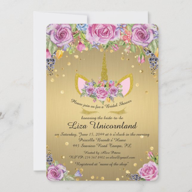 Möhippa Honoring, unicorn,metall guld,blommor Inbjudningar (Framsida)