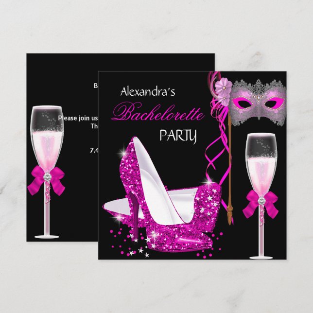 Möhippa Hot Pink Masquerade Champagne Inbjudningar (Fram/baksida)
